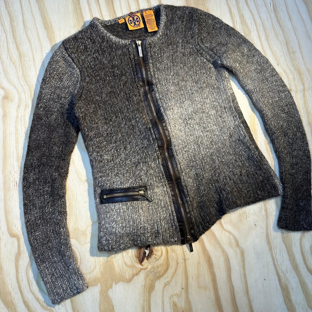 Tory Burch Womens Small Brown Gray Wool Blend Full Zip Ombre Cardigan Sweater